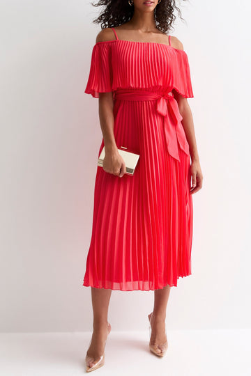 Pleated Bardot Midaxi Dress